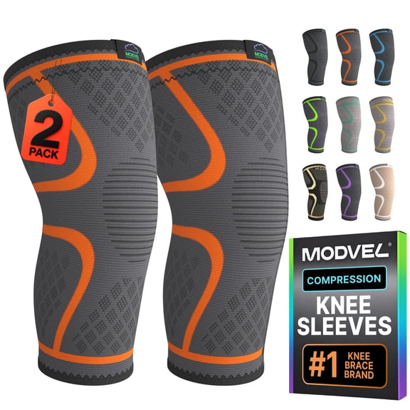 Modvel Compression Knee Brace - 2 Pack for Running Knee Pain, Knee Support Compression Sleeve, or Meniscus Tear ACL & Arthritis Pain Relief