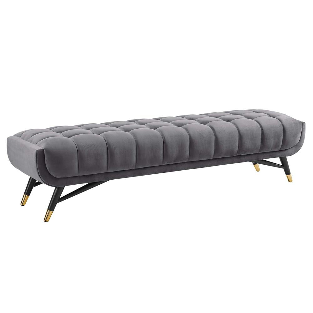 Mid-Century Modern Gray Velvet Tufted Storage Bench with Black Birch Frame