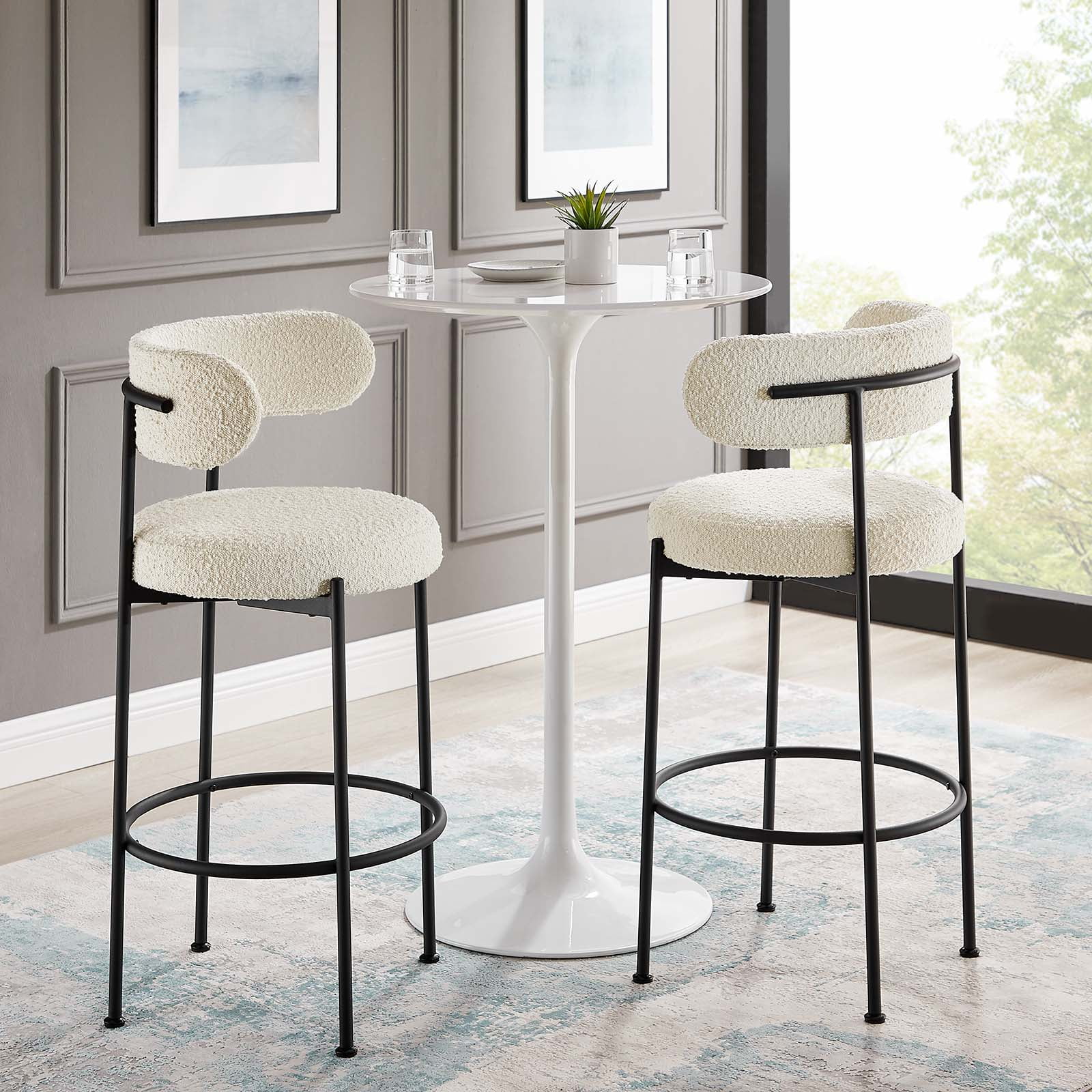 Ivory Boucle Fabric and Black Metal Adjustable Bar Stools, Set of 2