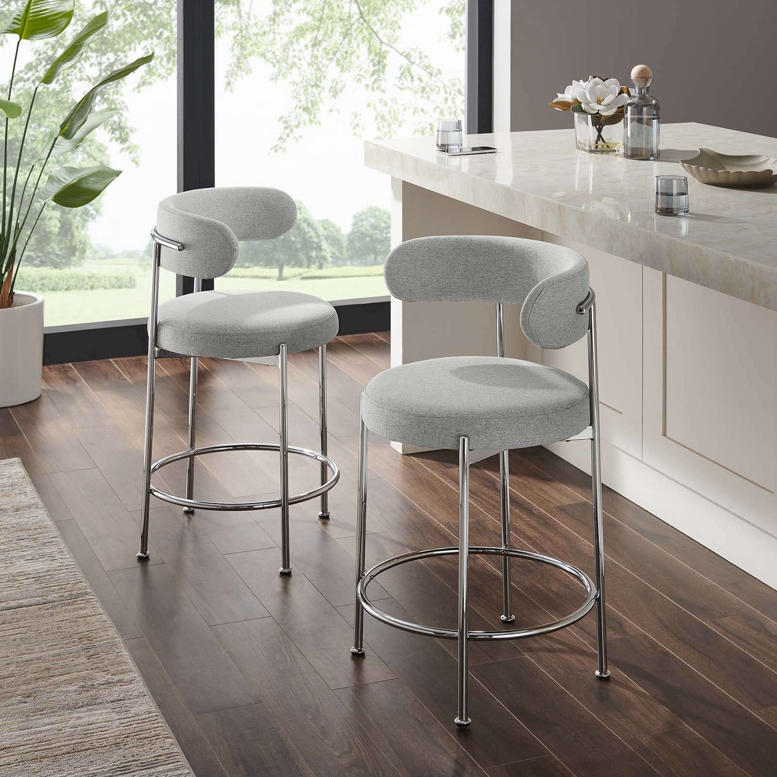 Modway Albie Fabric Counter Stools Set of 2 in Gray Silver