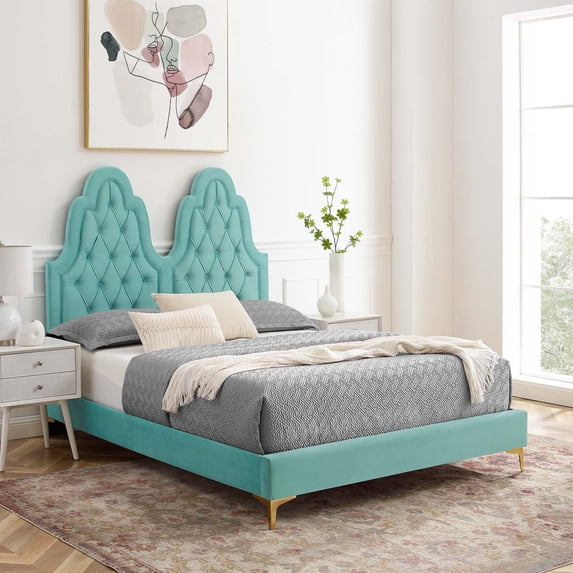 Modway Alexandria Tufted Performance Velvet King Platform Bed in Mint