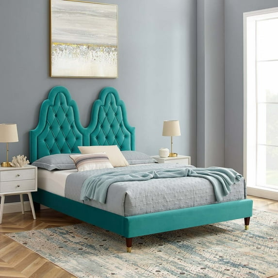Modway Alexandria Tufted Performance Velvet Queen Platform Bed in Teal