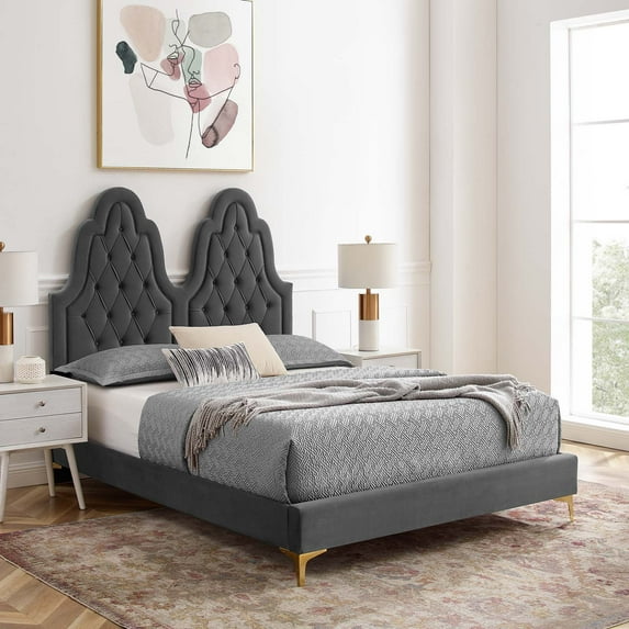 Modway Alexandria Tufted Performance Velvet Twin Platform Bed in Charcoal