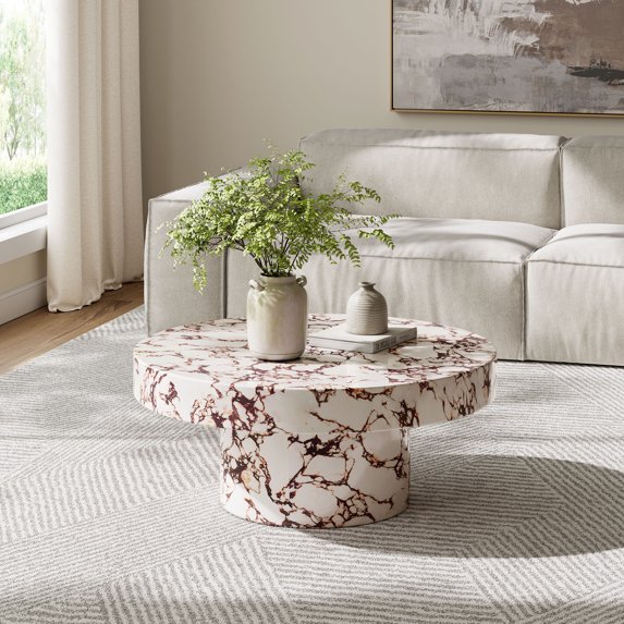 Modway Alora 34" Round Solid Concrete Coffee Table in Red Marble