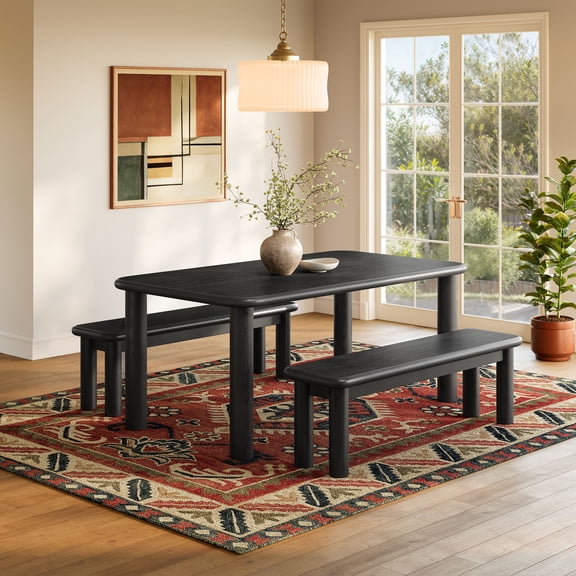 Alvia 3-Piece Oak Wood Dining Table and Benches Set in Black