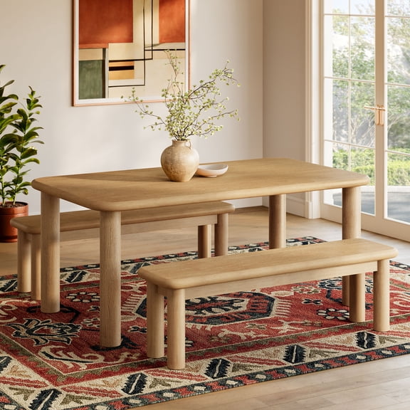 Alvia 3-Piece Oak Wood Dining Table and Benches Set in Weathered Oak