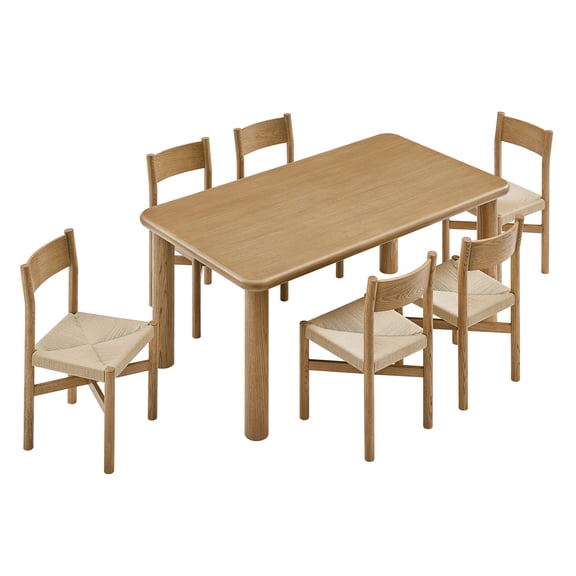Alvia 7-Piece Oak Wood Dining Table and Chairs Set in Weathered Oak