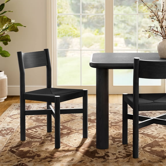 Alvia Oak Wood Dining Side Chair With Woven Seat in Black