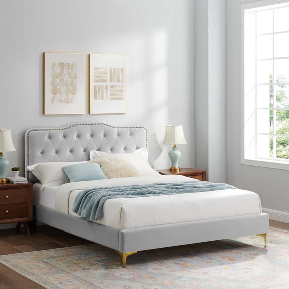 Modway Amber Performance Velvet Queen Platform Bed in Light Gray