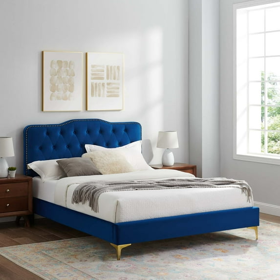 Modway Amber Performance Velvet Queen Platform Bed in Navy