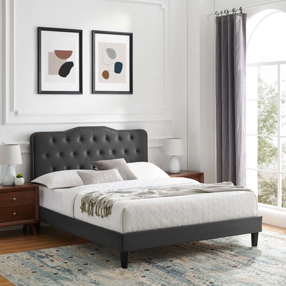 Modway Amber Tufted Performance Velvet King Platform Bed in Charcoal