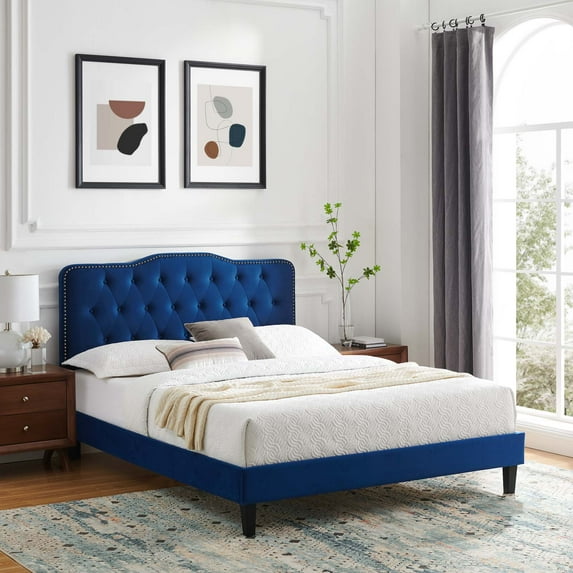 Modway Amber Tufted Performance Velvet King Platform Bed in Navy