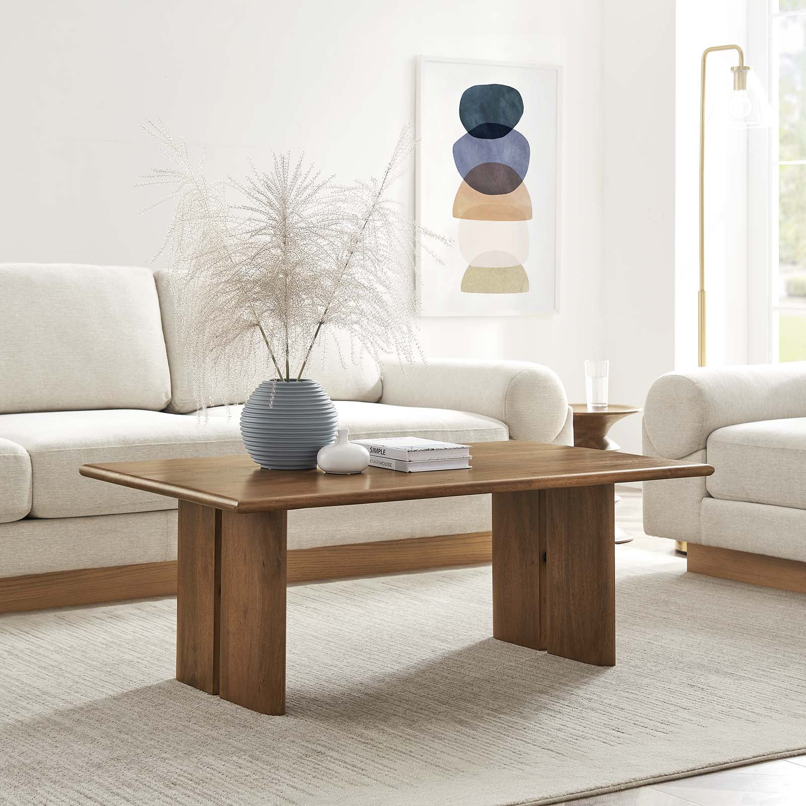 Walnut Rectangular Solid Mango Wood Coffee Table with Adjustable Foot Pads