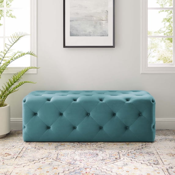 Modway Amour 48" Tufted Button Entryway Performance Velvet Bench in Sea Blue