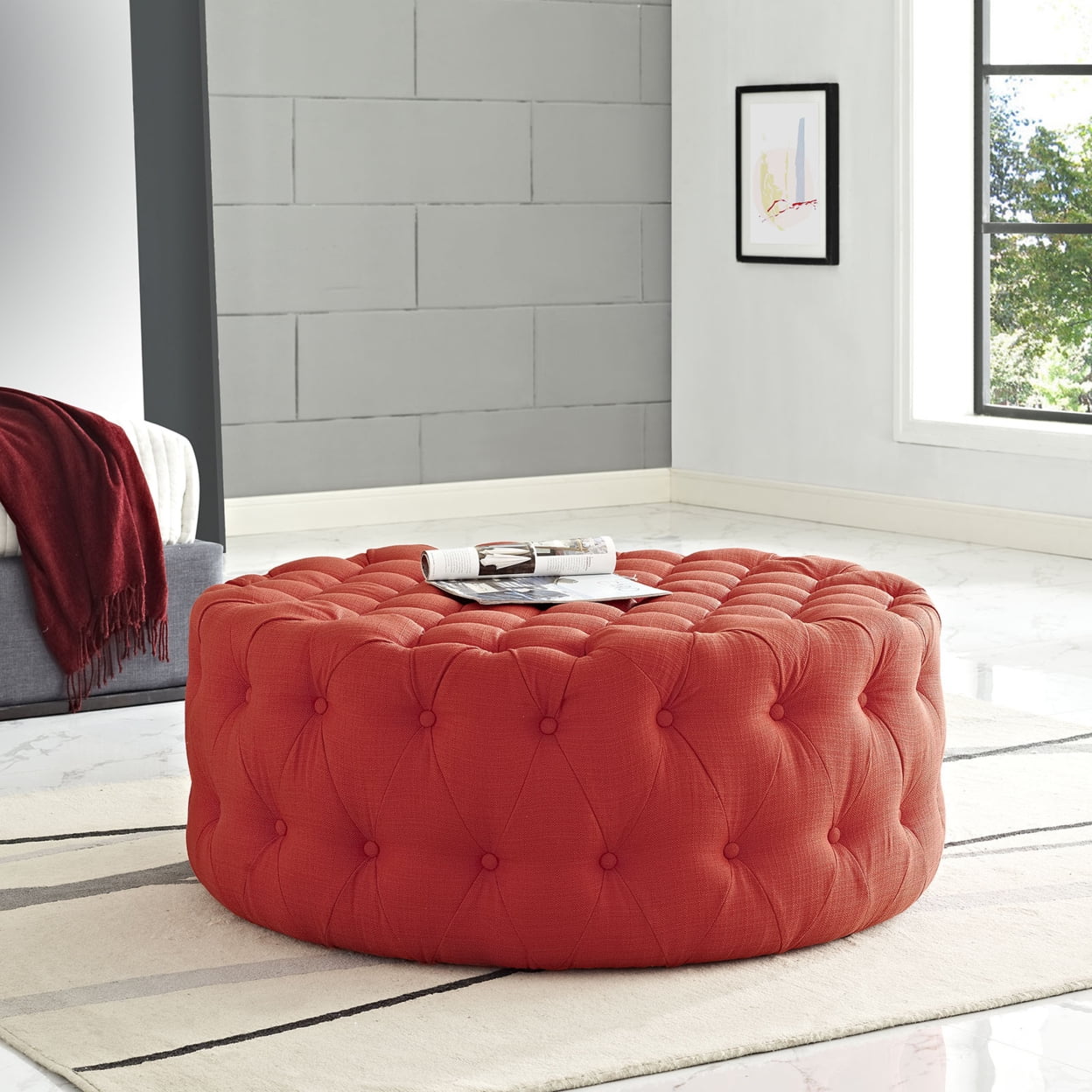 Teal Tufted Round Fabric Ottoman with Button Embellishments