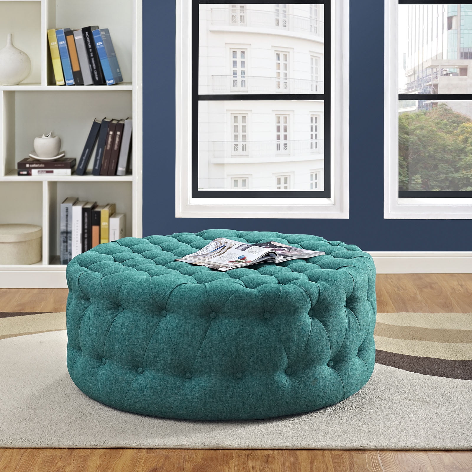 Teal Tufted Round Cocktail Ottoman with Polyester Upholstery
