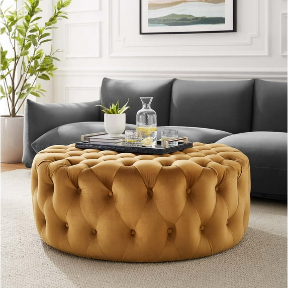 Modway Amour Tufted Button Large Round Performance Velvet Ottoman in Cognac