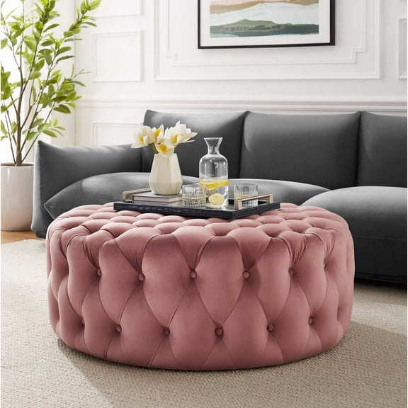 Modway Amour Tufted Button Large Round Performance Velvet Ottoman in Dusty Rose