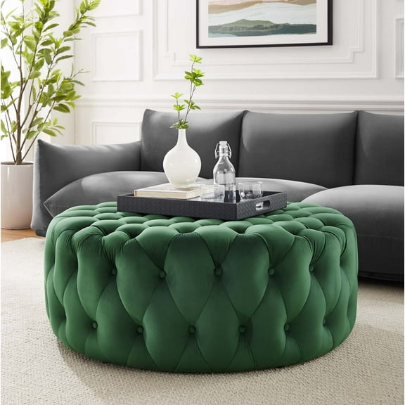 Modway Amour Tufted Button Large Round Performance Velvet Ottoman in Emerald