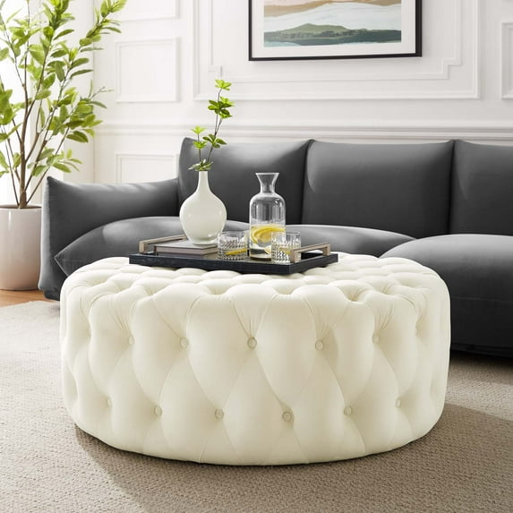 Modway Amour Tufted Button Large Round Performance Velvet Ottoman in Ivory