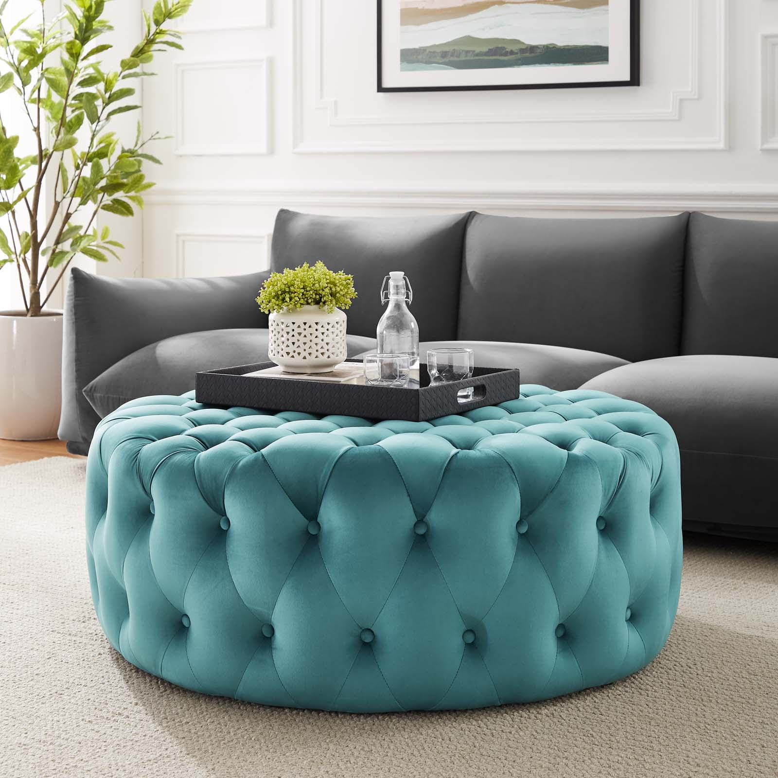 Modway Amour Tufted Button Large Round Performance Velvet Ottoman in Sea Blue