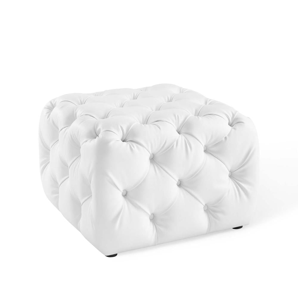 Luxe White Faux Leather Tufted Square Ottoman with Dense Foam Padding