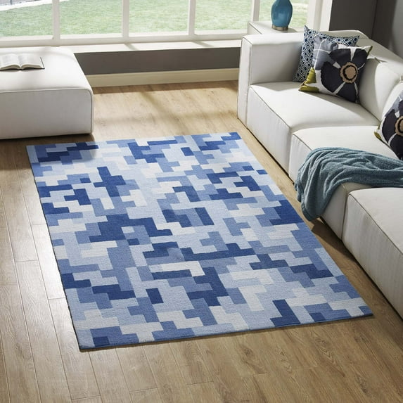 Modway Andela Interlocking Block Mosaic 5x8 Area Rug in Multicolored Light and Dark Blue