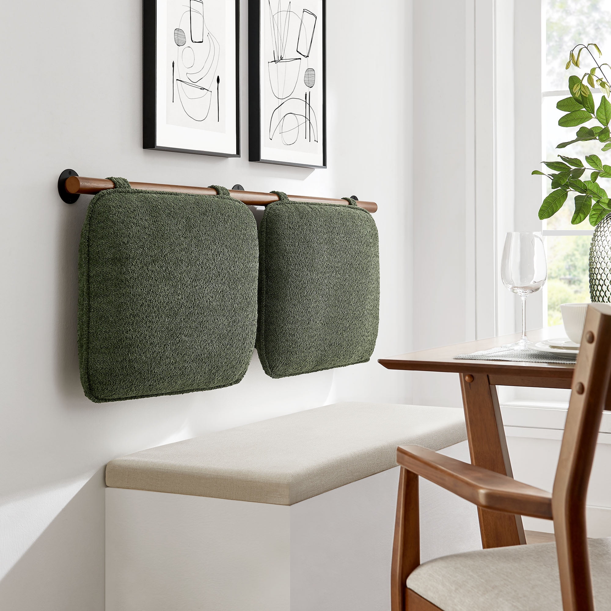 Sage Green Chenille Upholstered Floating Full Headboard with Walnut Bar