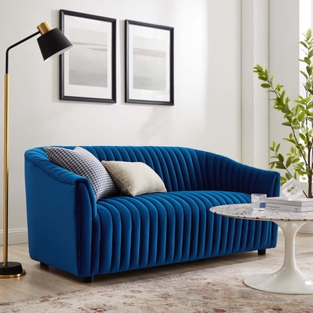 Modway Announce Performance Velvet Channel Tufted Loveseat in Navy