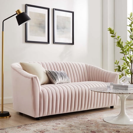 Modway Announce Performance Velvet Channel Tufted Loveseat in Pink