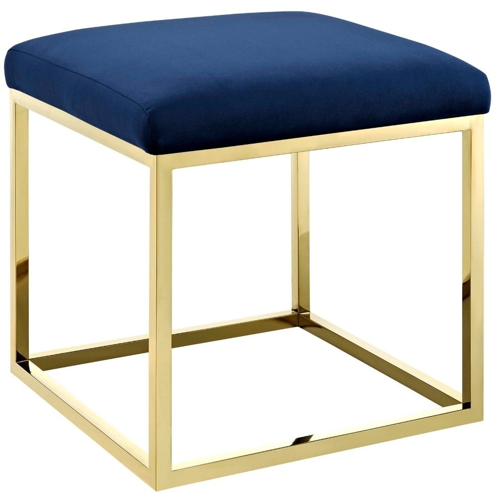 Sapphire Tufted Velvet Ottoman with Polished Stainless Steel Base
