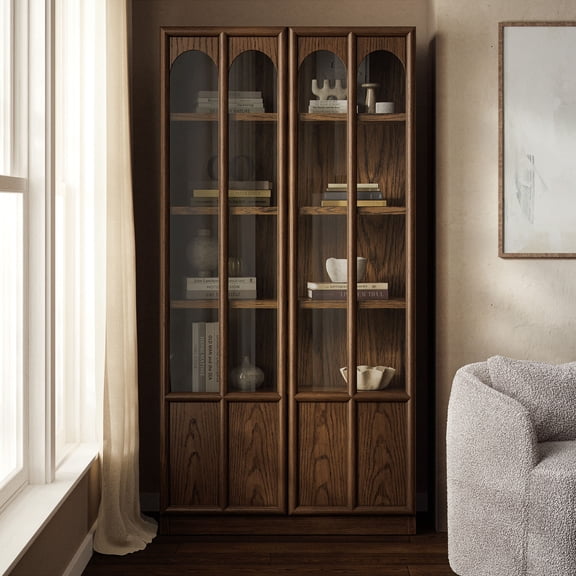 Modway Anwen Solid Wood and Glass Display Cabinet in Walnut