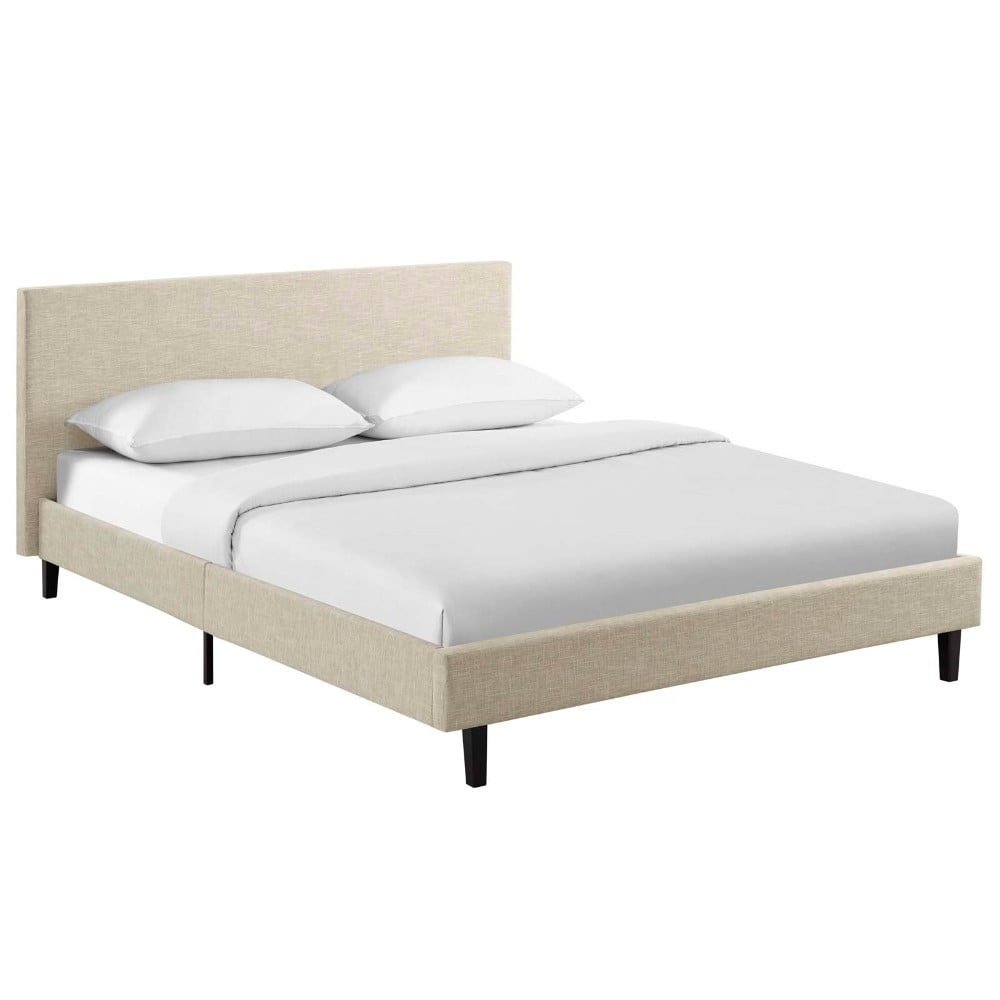 Beige Full Upholstered Tufted Wood Platform Bed