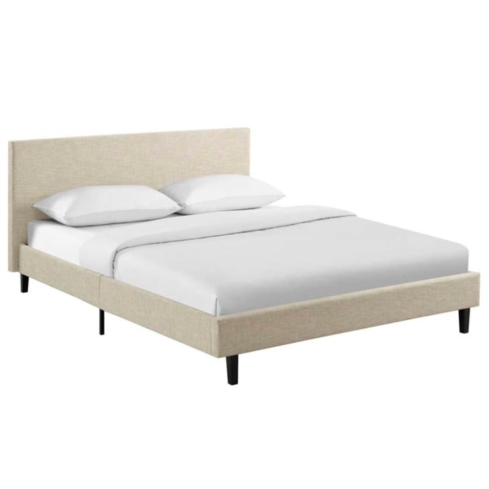 Anya Modern Queen Platform Bed with Upholstered Headboard in Beige
