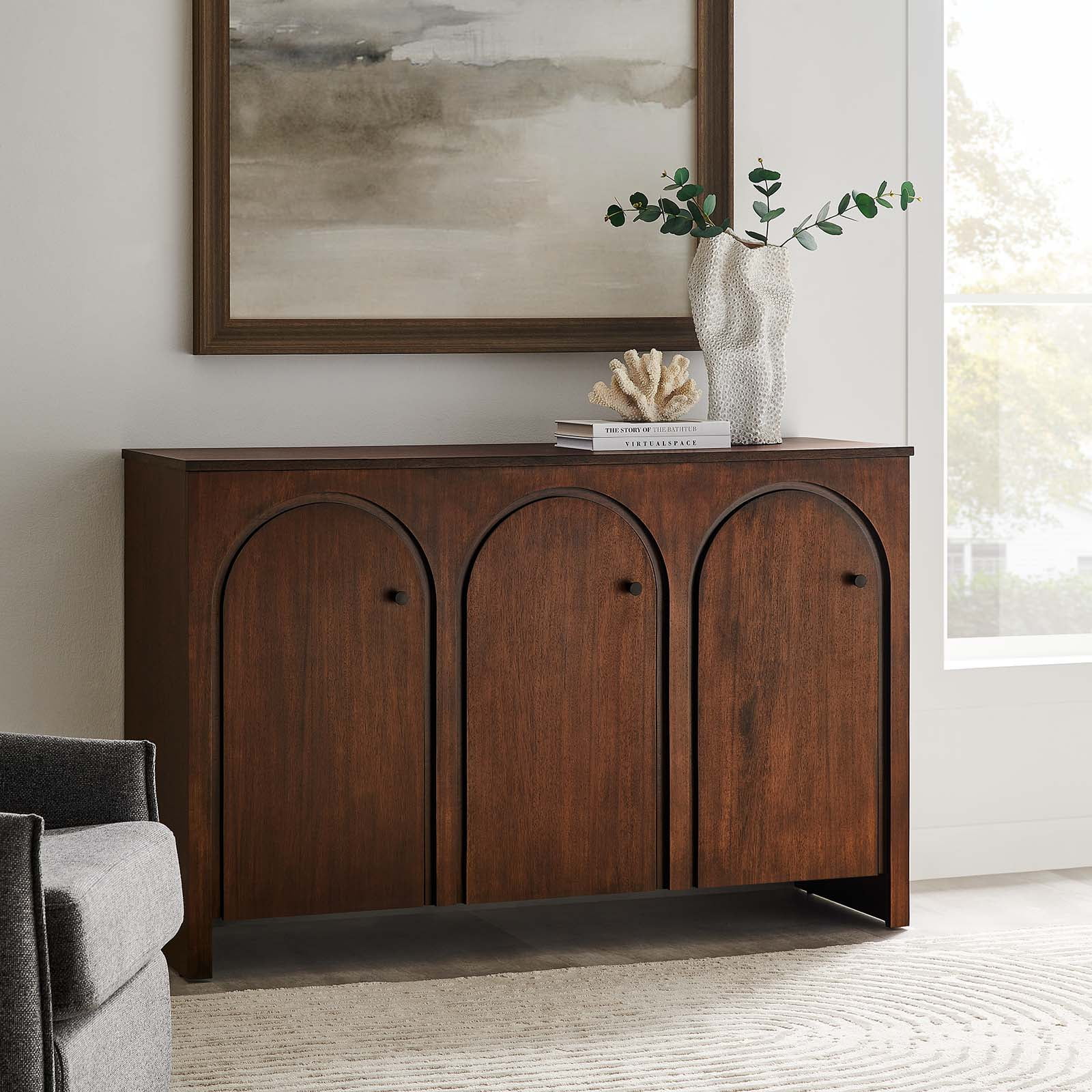 Modway Appia 3-Door Arched Door Sideboard Storage Cabinet in Walnut ...