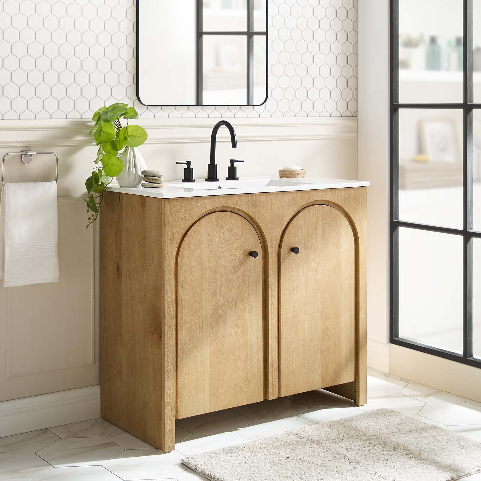 Natural Oak Double Arched Door Freestanding Bathroom Vanity