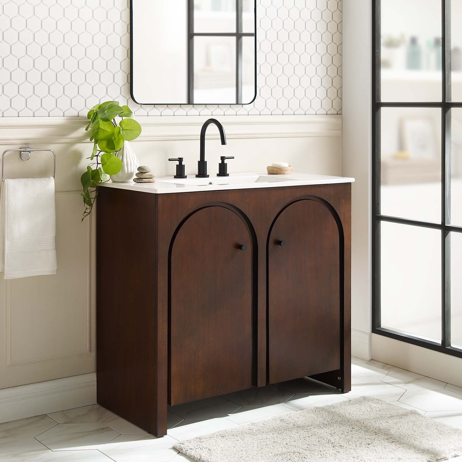 Appia 36" Walnut Bathroom Vanity Cabinet with Arched Doors