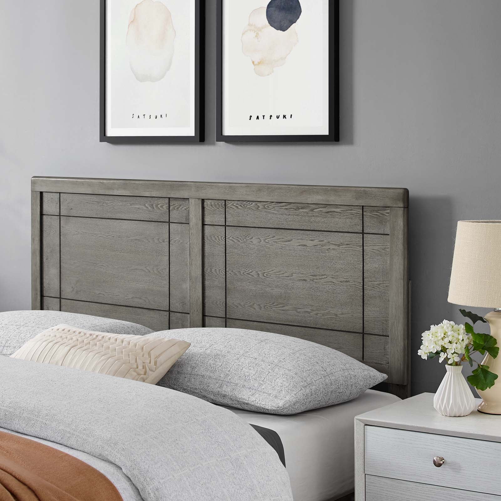 Gray Full Rubberwood and MDF Headboard with Window Pane Design