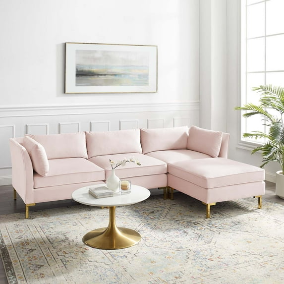 Modway Ardent 4-Piece Performance Velvet Sectional Sofa in Pink