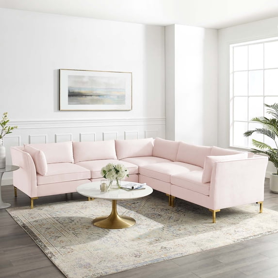 Modway Ardent 5-Piece Performance Velvet Sectional Sofa in Pink