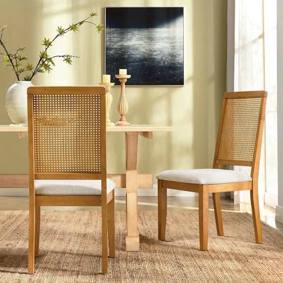 Faux Rattan and Wood Dining Side Chairs - Set of 2