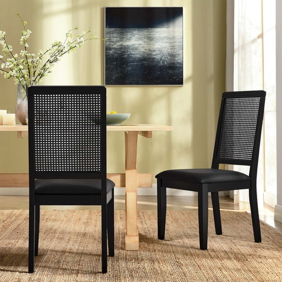 Vegan Leather Upholstered Faux Rattan and Wood Dining Side Chairs - Set of 2