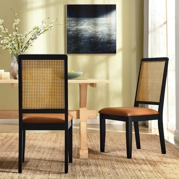 Vegan Leather Upholstered Faux Rattan and Wood Dining Side Chairs - Set of 2
