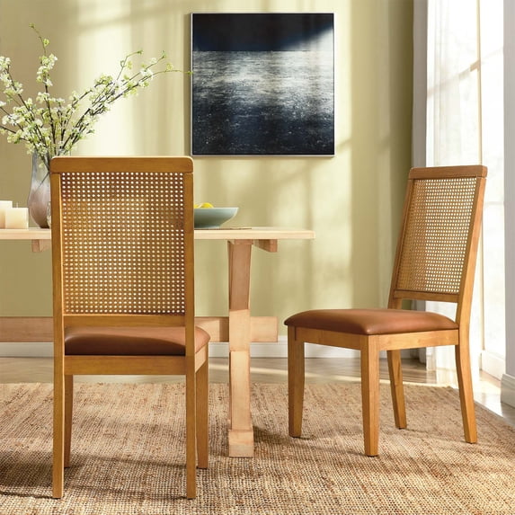 Vegan Leather Upholstered Faux Rattan and Wood Dining Side Chairs - Set of 2