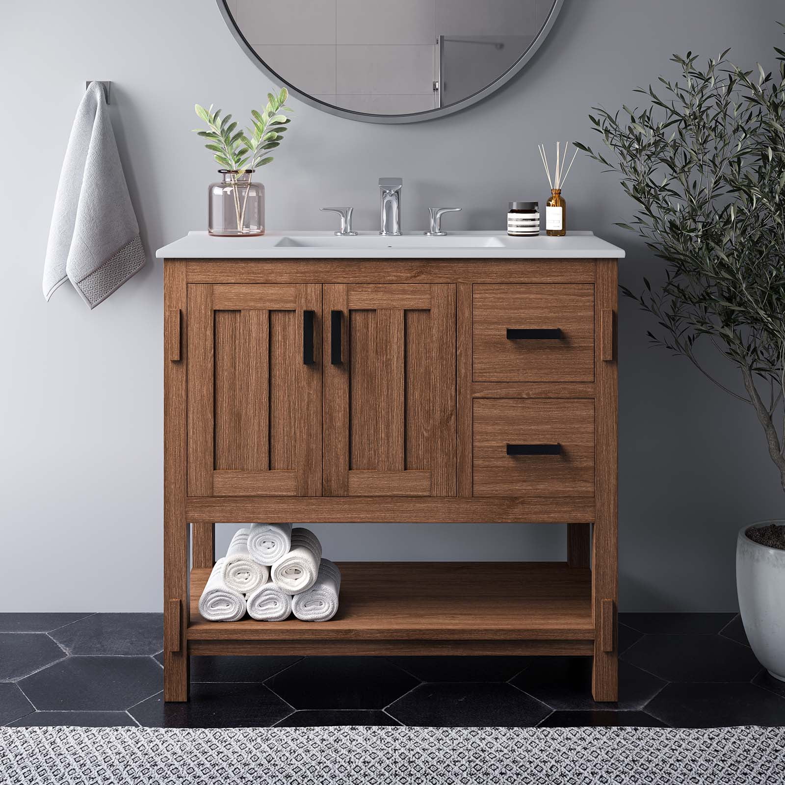 Ashlyn 36" Walnut White Wood Bathroom Vanity with Ceramic Top