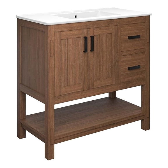 Modway Ashlyn 36" Wood Bathroom Vanity with Open Shelf in Walnut and White