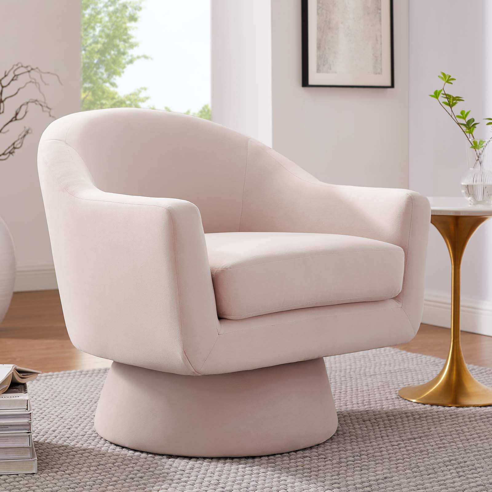 Astral Pink Velvet Barrel Swivel Accent Chair with Wood Base