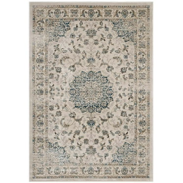 Modway Atara Distressed Vintage Medallion 5x8 Area Rug in Teal and Beige