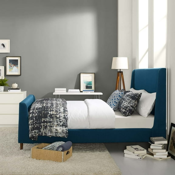 Aubree Queen Upholstered Fabric Sleigh Platform Bed - Azure