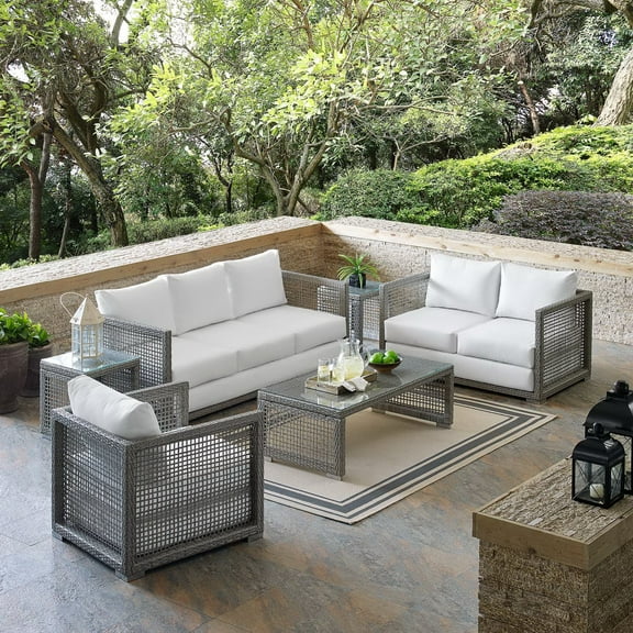 Modway Aura 6 Piece Outdoor Patio Wicker Rattan Set in Gray White